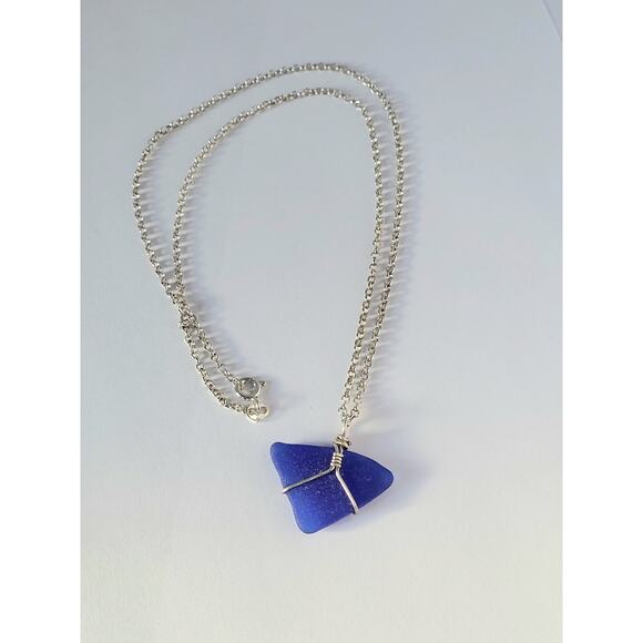 Seaglass Necklace Cobalt Blue Sea Glass Handmade Beach Sea Glass Sterling Silver - Picture 4 of 12